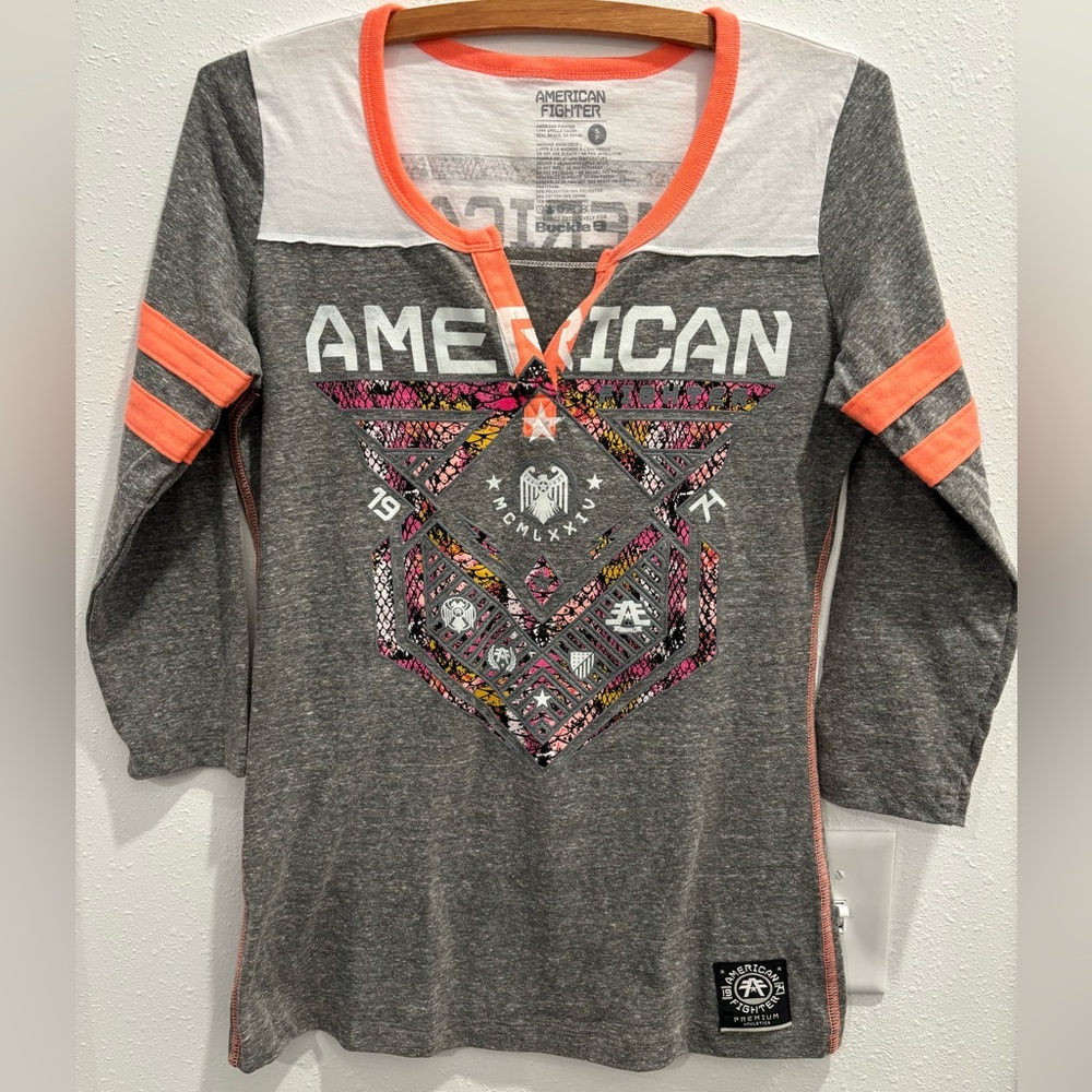 Women’s American Fighter Shirt Small 3/4 Sleeve Gray